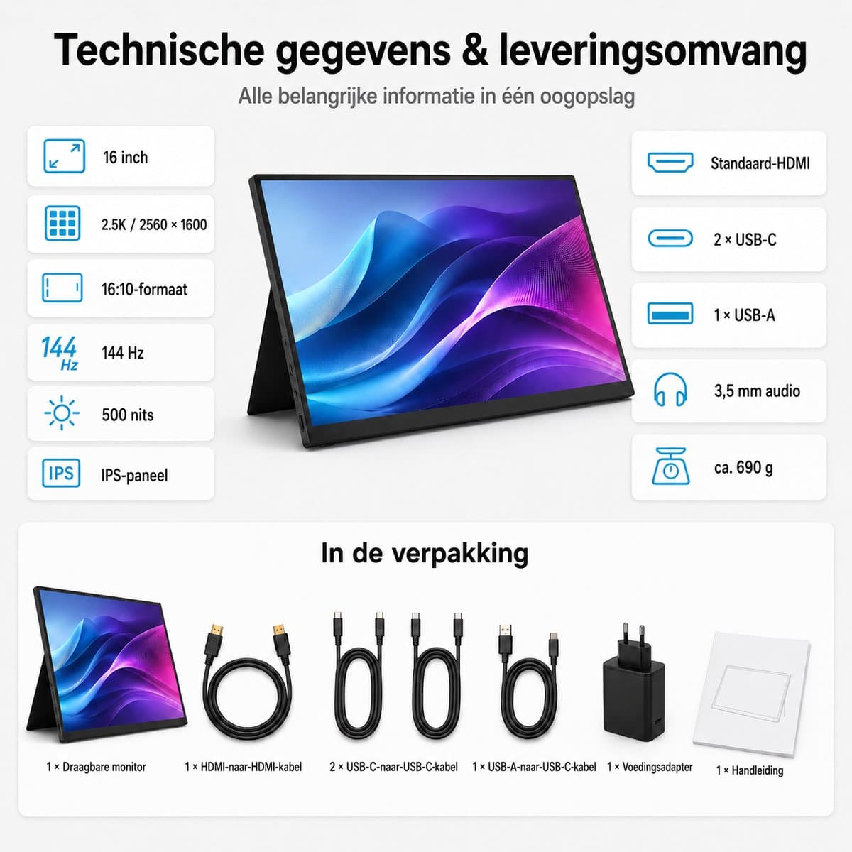 Gloovon® Draagbare Monitor - 16 inch 2.5K 144Hz - Met Standaard HDMI & USB-C - 500 nits IPS Scherm - 2560x1600 - Zwart thumbnail 2