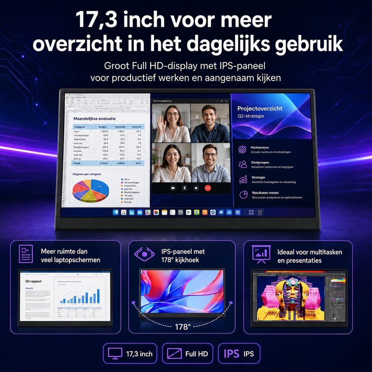Gloovon® Portable Monitor 17.3 inch - 144Hz & 1ms IPS - Full HD 1080p met USB-C & HDMI Aansluiting - Ingebouwde Standaard thumbnail 4
