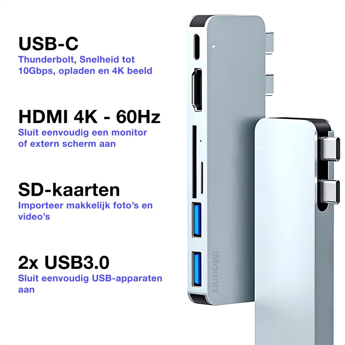 iMounts MacBook Air usb-c hub - HDMI - USB3.0 - SD reader - Air M3/M4/M5 - Sky Blue / Hemelsblauw thumbnail 3