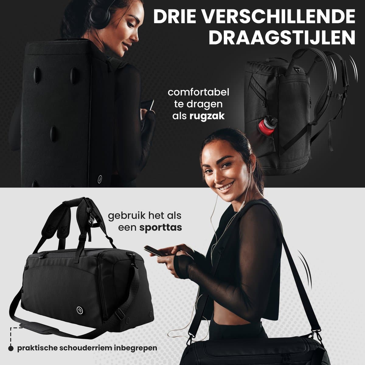 bemaxx Sporttas Gymbag Reistas 40L / 60L | Trainingstas met Rugzak-Functie Schoenencompartiment Vak voor natte Kleding | Sportrugzak Fitness Tas Weekender Zwemtas Duffelbag Sportzak Fitnesszak Sportbag Heren - 60L, Zwart thumbnail 4