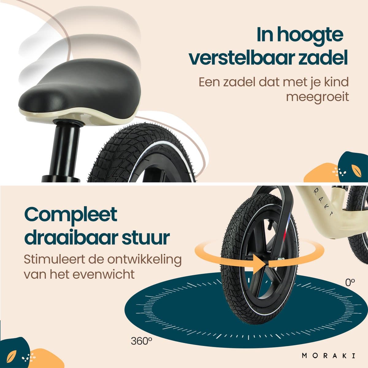 Moraki - Loopfiets - 2 Jaar - Verstelbaar Zadel - Balance Bike - 3 Jaar - Jongens en Meisjes - Beige thumbnail 2