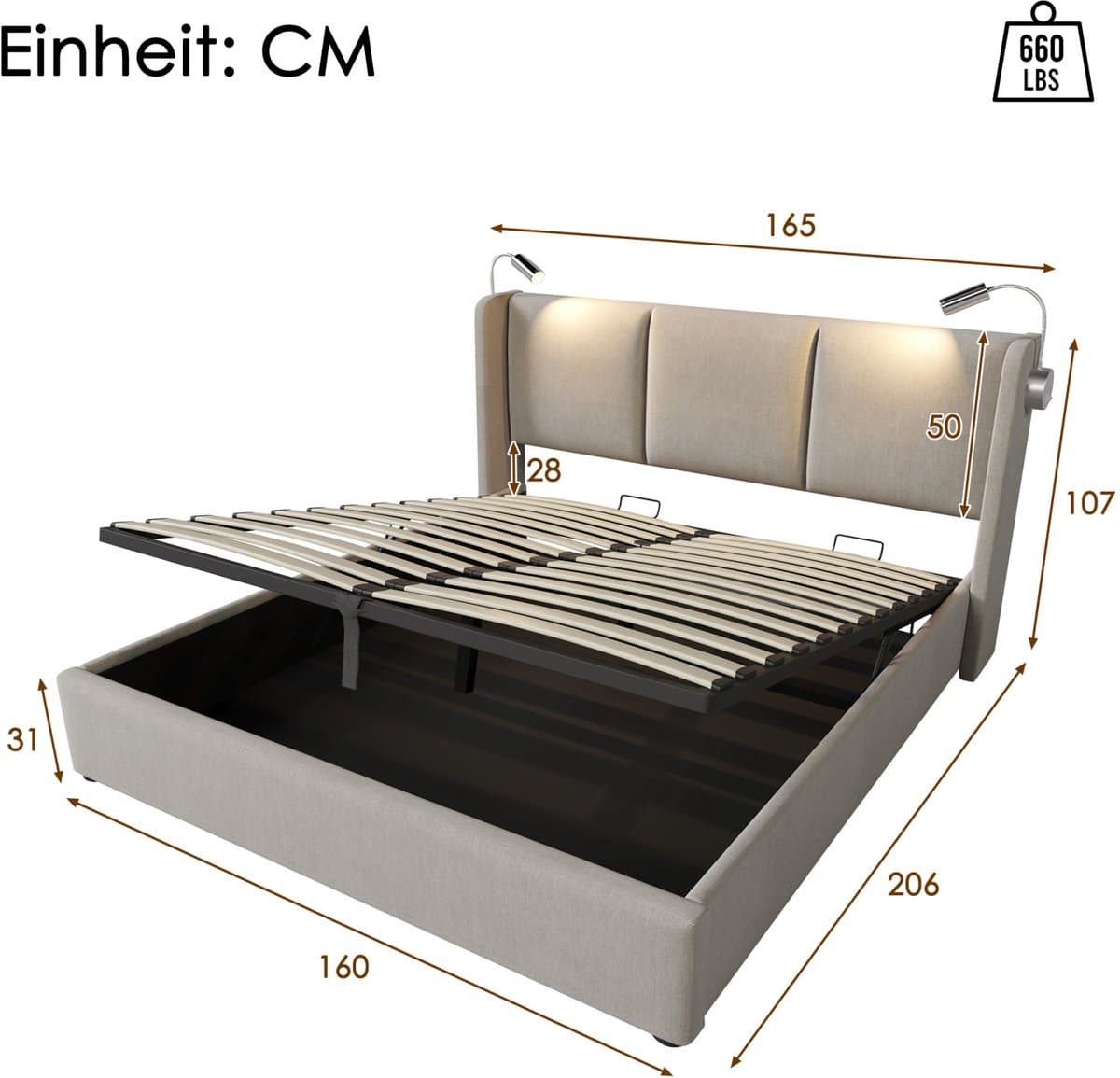 Opbergbed 160x200 cm in Beige met hydraulische functie & 2 Leeslampen – Modern Tweepersoonsbed met Opbergruimte thumbnail 5