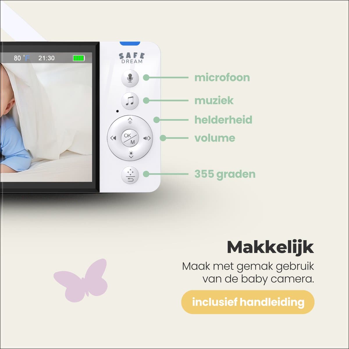 SafeDream Babyfoon – baby monitor – met camera – 355 camera – Tot 30u batterijduur – Veilige FHSS-verbinding – Nachtzicht & Zoomfunctie thumbnail 2