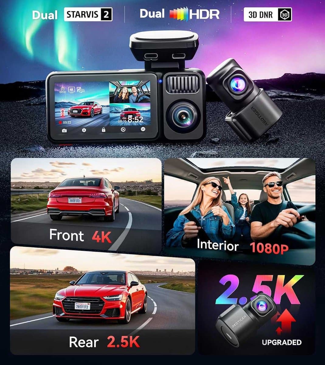 RedTiger F17 Elite 4K 128gb night vision dashcam - 4K + 2x Full HD resolutie met Sony Starvis 2 sensoren – Interieur camera - 128gb Micro SD kaart - 3,0 inch touchscreen Lcd - Wifi en Gps - Parkeerbewaking - G-sensor - Loop recording thumbnail 4