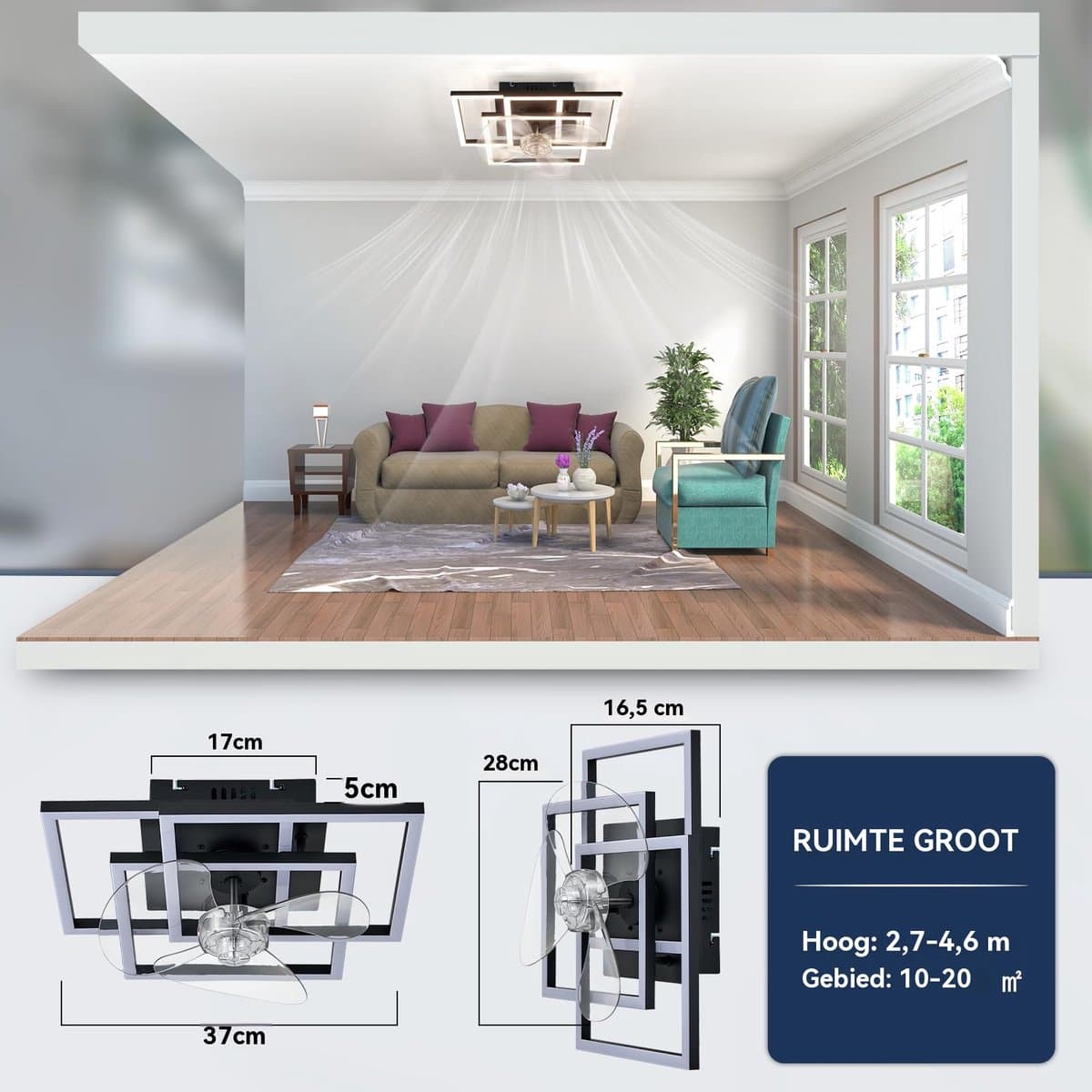 Glitzerlife - Plafond ventilator met verlichting - Modern Dimbaar Led Licht - Stille plafondventilator - 6 Snelheden Omkeerbaar - Nachtlicht Timer Geheugenfunctie - 37 Cm - Zwart thumbnail 5