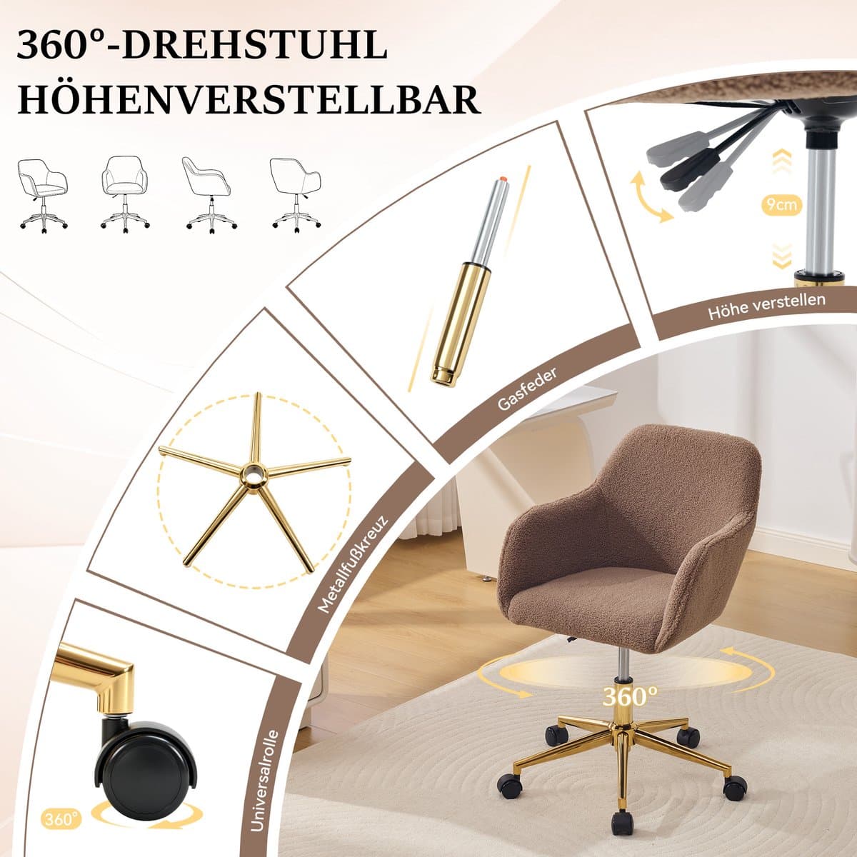 MIVRAY Bureaustoel Teddystof Met Verstelbare Zithoogte, 360° Draaibaar, Gouden Onderstel, Voor Thuiswerk En Kantoor, Bruin thumbnail 3