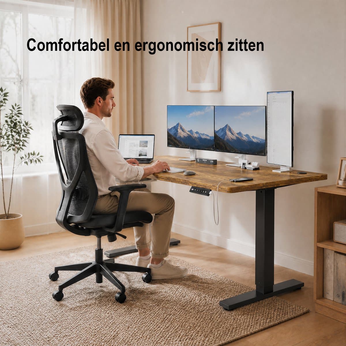 Devoko Elektrisch Zit-sta Bureau 160x80 cm – Stille Motor met Geheugenfunctie – Zit-alarm – Digitaal Display – 6 Knoppen Handbediening – USB Poort – Zit-sta Bureau – Bruin thumbnail 3