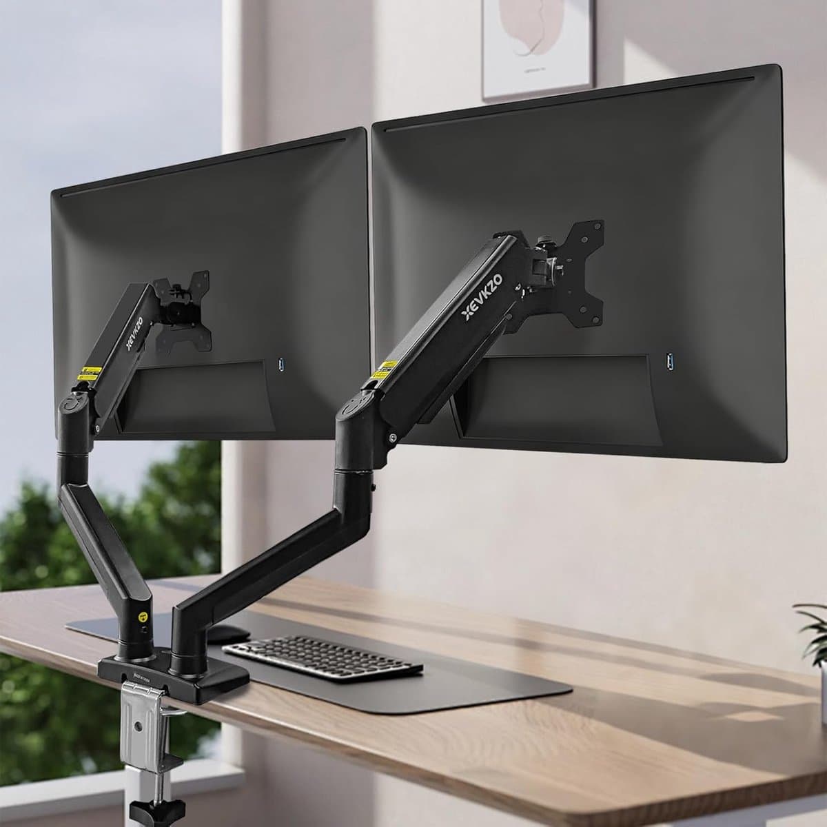 Dubbele monitorarmen, gasveer monitorarmen voor 2 monitoren tot 34 inch gebogen/plat, 22 lbs per arm, VESA-montage 75x75 100x100mm, C-klem en doorvoerbasis, verstelbare kantel/draaibaar/rotatie thumbnail 6
