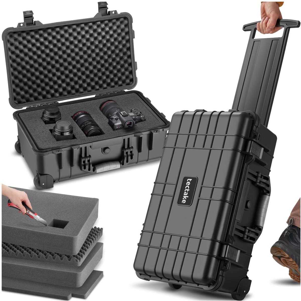 tectake® Camera Koffer - Verrijdbaar met Telescoopgreep - Fotokoffer - Camerakoffer - 2 kliksluitingen - Mogelijkheid voor afsluiten met hangslot - Afmetingen (LxBxH) 34,5 x 23 x 56 cm - Zwart