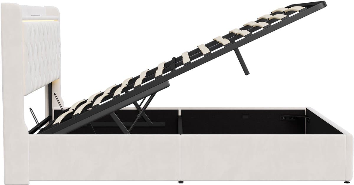 Opbergbed 160x200 cm – Tweepersoonsbed – Beige fluwelen gaslift bed – Hoofdbord met LED-sfeerverlichting, USB-oplaadfunctie, multifunctioneel slaapkamerbed thumbnail 3