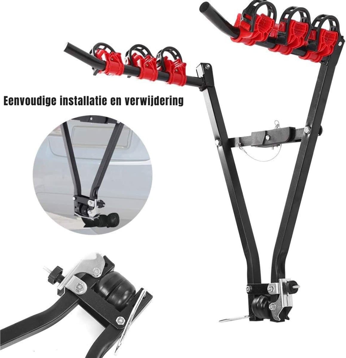 SAVI® Fietsendrager Elektrische Fiets - Fietsendrager - Fietsendrager met Spanband - 3 Fietsen - Geen Trekhaak - Zwart/Rood - 72cm x 23cm x 12cm thumbnail 5