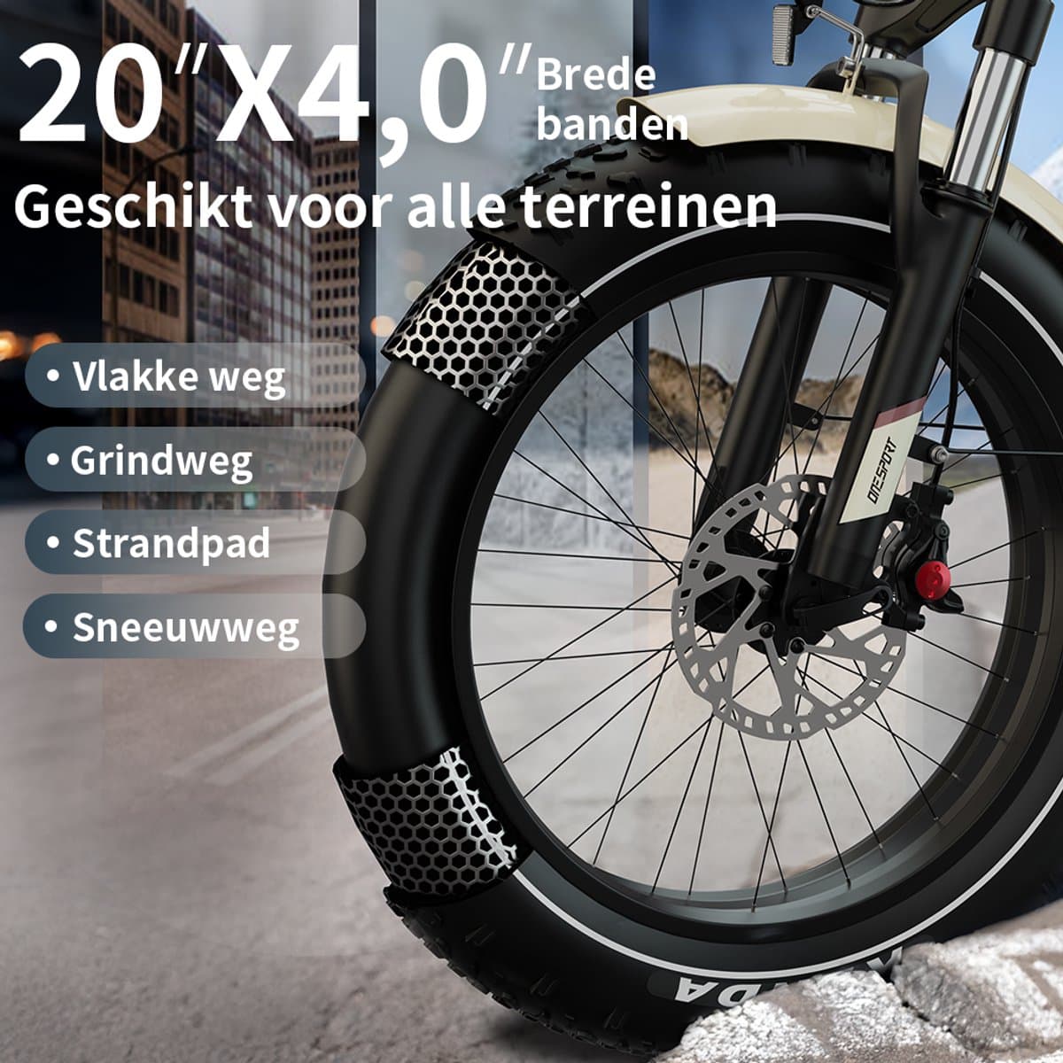 ONESPORT OT16Max Opvouwbare Elektrische Fiets – 864Wh Accu – Actieradius tot 120 km –20×4.0 Inch Fatbike – Aluminium Lage Instapframe – Shimano 7 Versnellingen – Hydraulische Schijfremmen – Max. Belasting 120 kg – Stads E-bike – Crèmewit thumbnail 5
