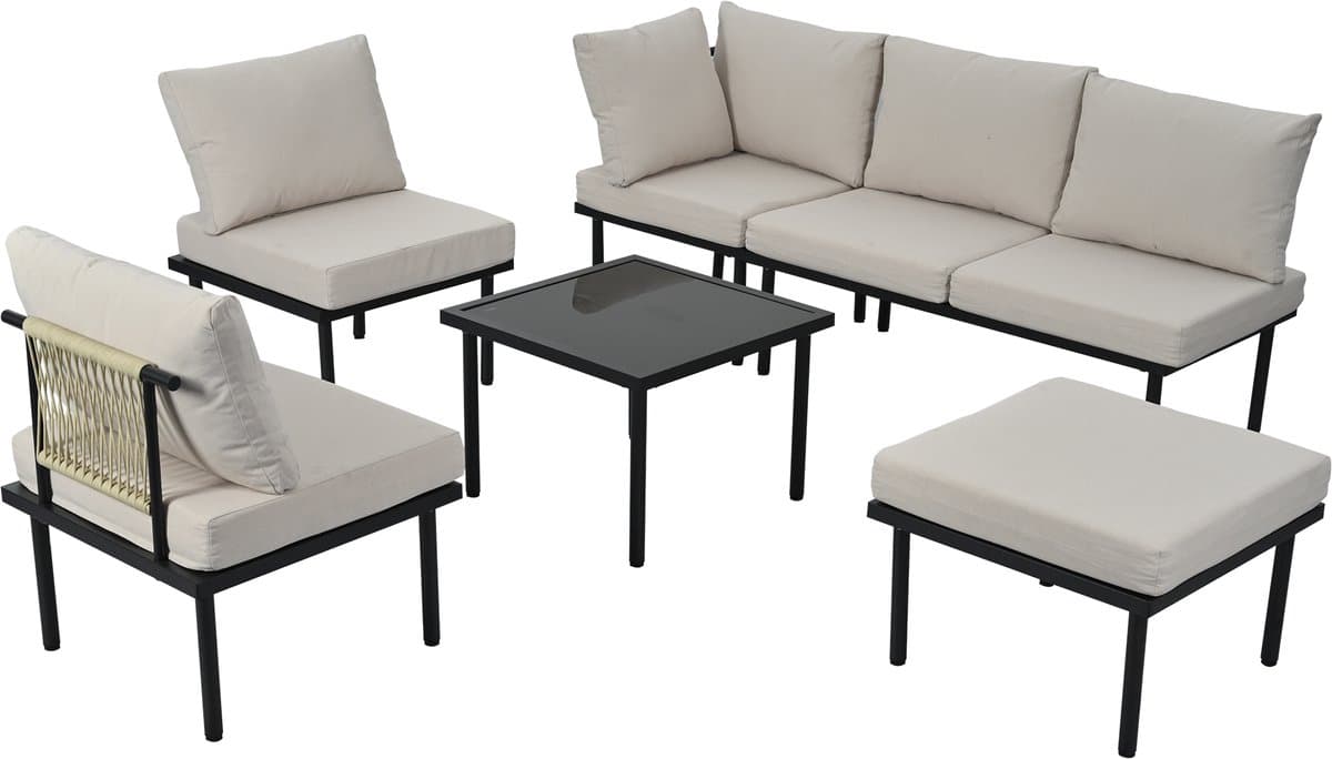 Loungestoelenset set van 6 - tuinmeubelset van touw - beige gevlochten touw - verstelbare poten - glad glazen tafelblad - beige thumbnail 7