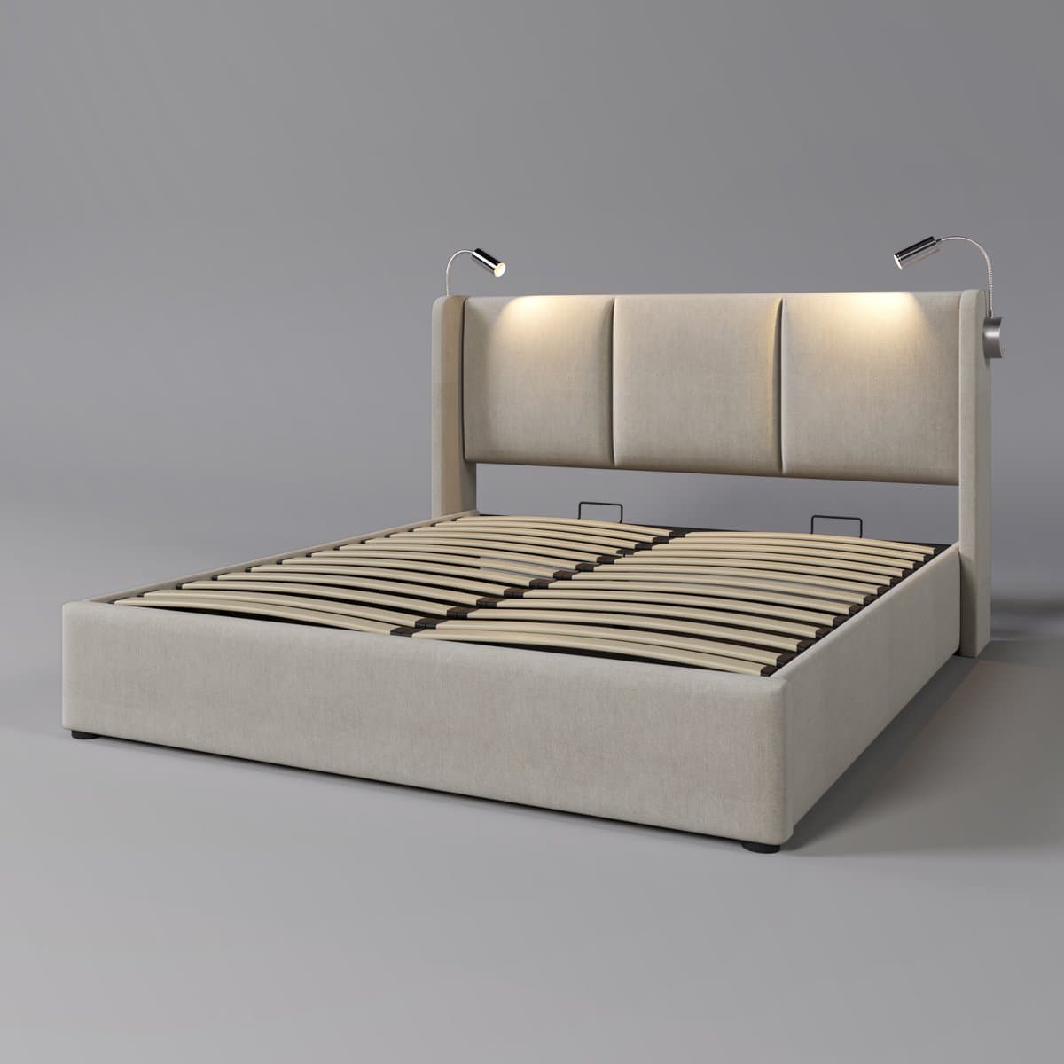 Opbergbed 160x200 cm in Beige met hydraulische functie & 2 Leeslampen – Modern Tweepersoonsbed met Opbergruimte thumbnail 4