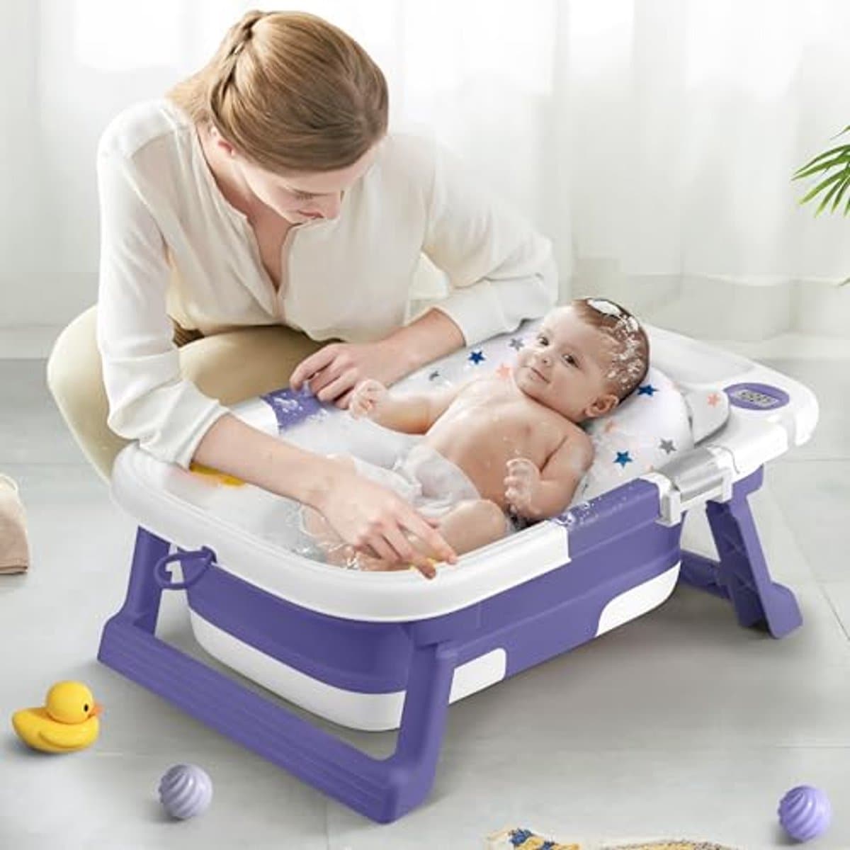 Opvouwbare babybadkuip voor pasgeborenen tot peuters met kussen en thermometer thumbnail 3