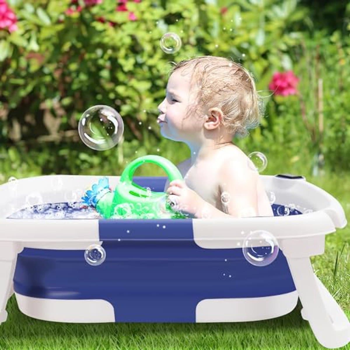 Opvouwbare babybadkuip voor pasgeborenen en peuters met thermometer - Draagbare babybath voor 0-36 maanden in blauw thumbnail 3