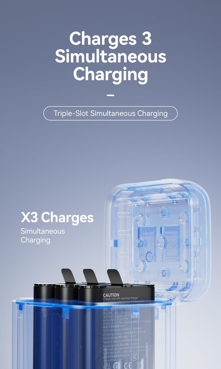 Telesin Battery Charger Box + 2x accu voor GoPro Hero 13 - Laadt 3 Accu's Tegelijk op - Opbergdoos voor Accu's en 2 MicroSD Kaarten thumbnail 7