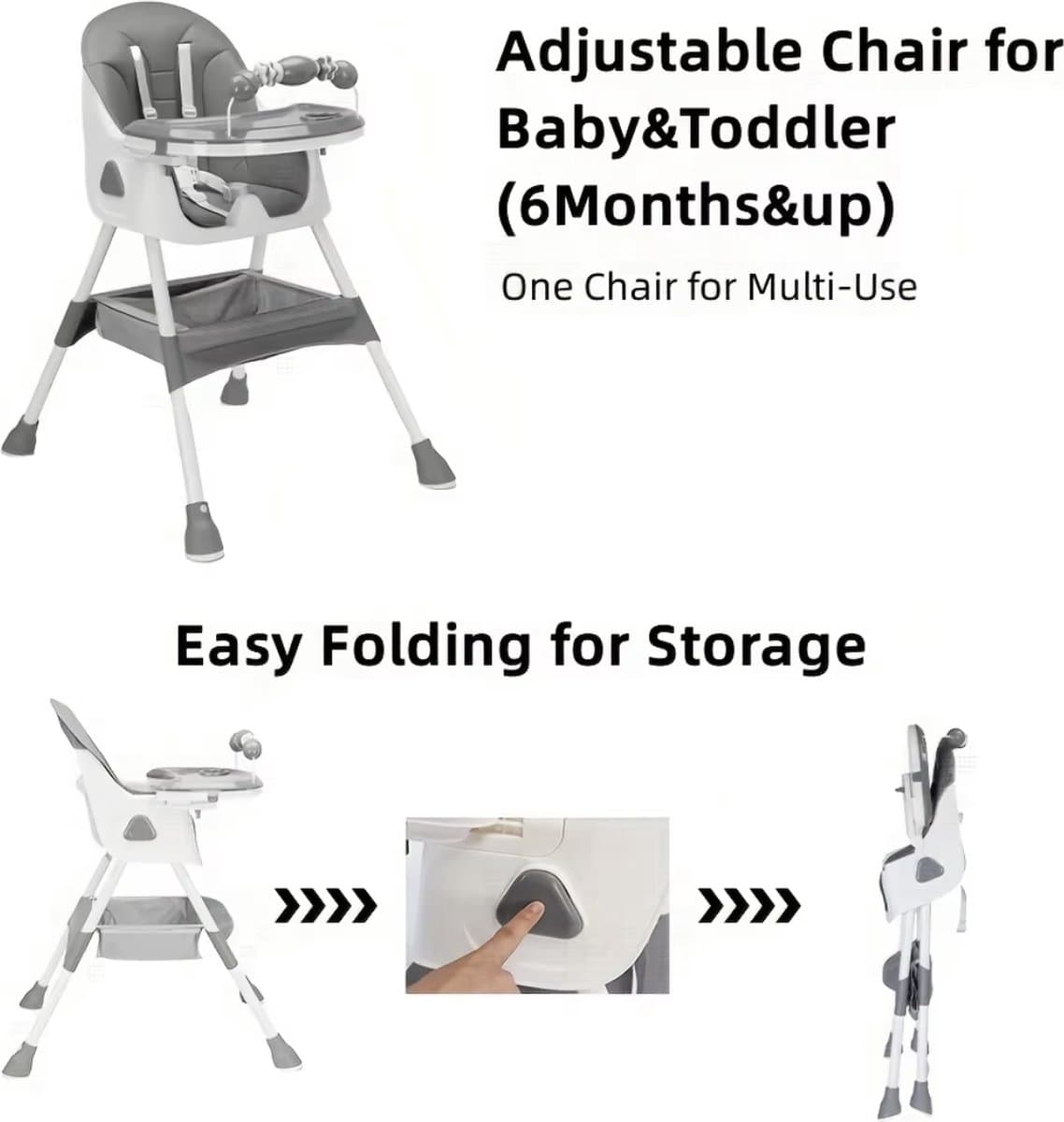 Kinderstoel - Babystoel - Baby stoel - Baby eetstoel - babystoel voor aan tafel - Opvouwbaar - Verstelbaar - Met speelboog - Grijs thumbnail 7