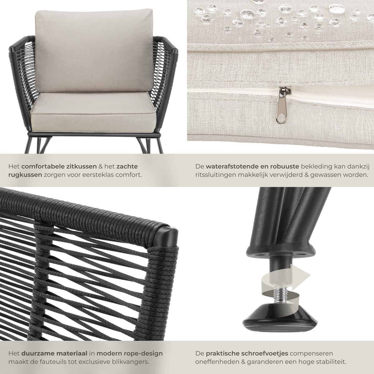 tectake® Loungestoelen Sundo - 2 Fauteuils voor Tuinset, Balkonset of Terras - Wicker Tuinstoelen Set in Rope-Design - Weerbestendig - Inclusief Kussens - Loungestoel Buiten - Loungeset Tuinmeubels thumbnail 3