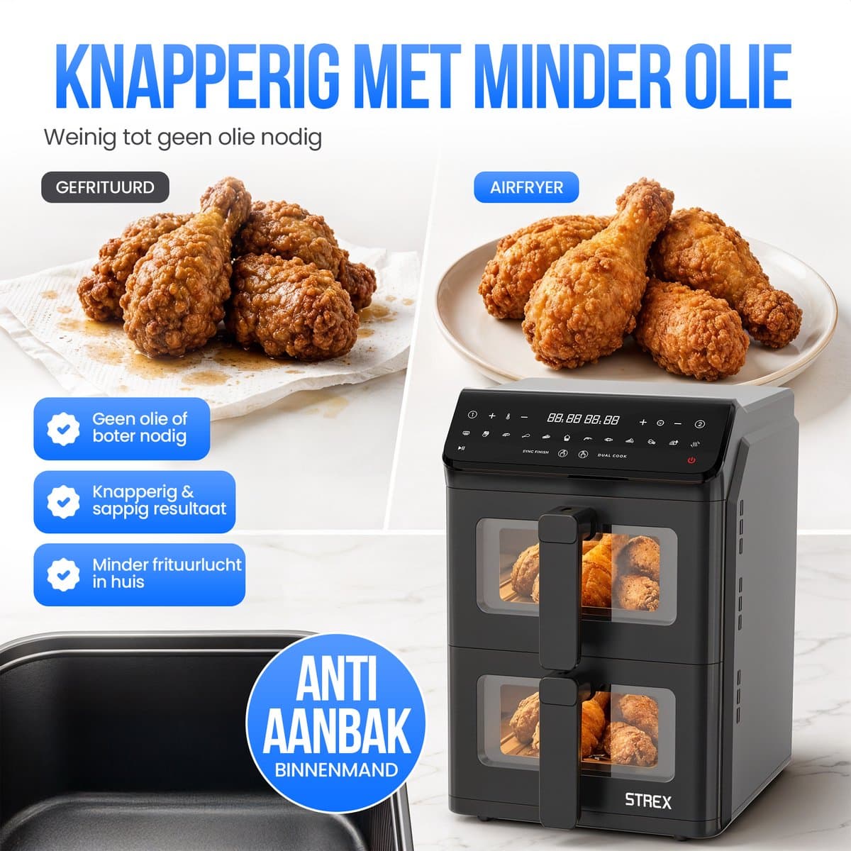 Strex Airfryer Dubbele Mand 11L XXL Heteluchtfriteuse 2500W - Airfryer 2 Manden - Dual Basket - 13 Kookprogramma's - Airfryer Verticaal Groot voor Gezin thumbnail 8