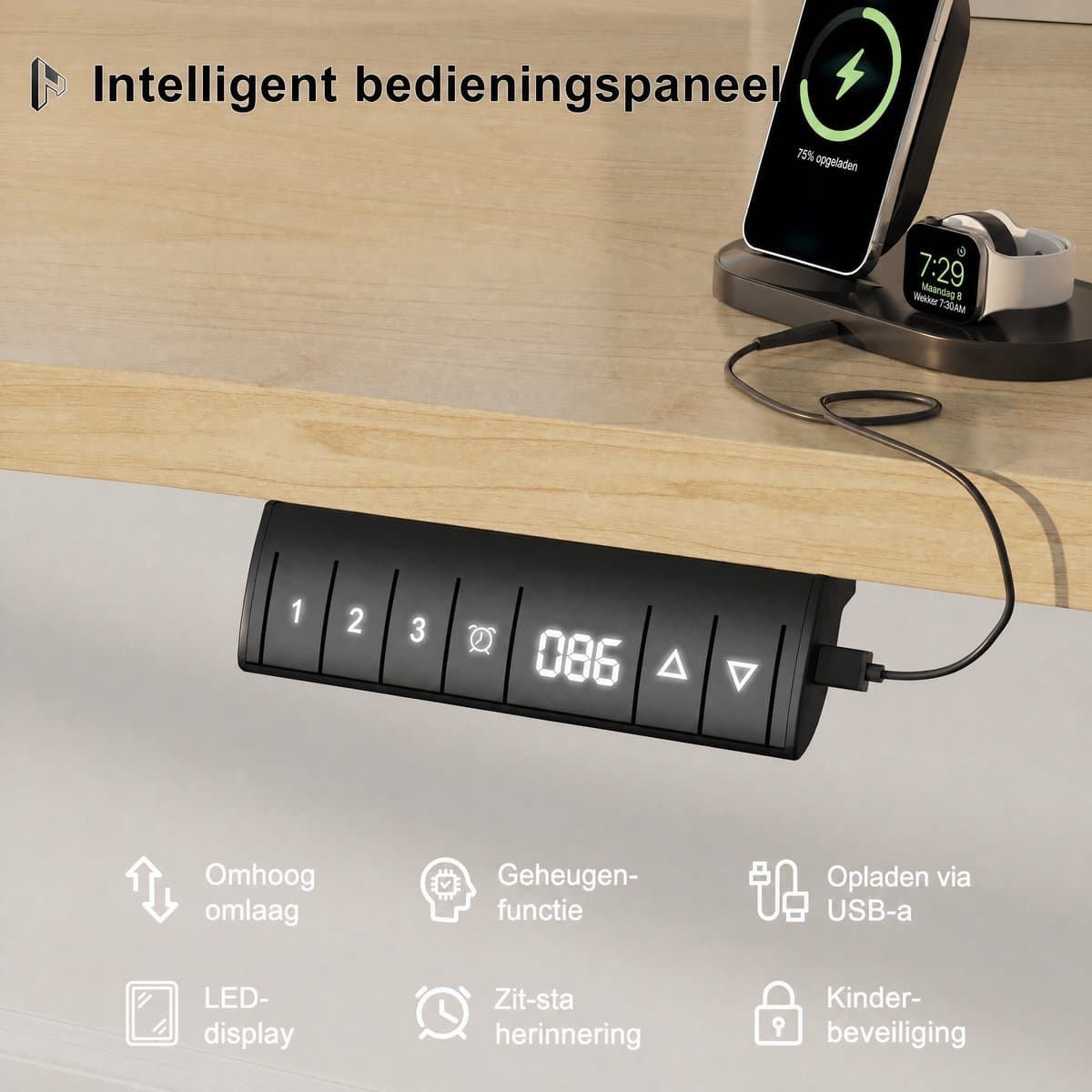 Devoko Elektrisch Zit-Sta Bureau 160x80 cm – 18 mm Dik Tafelblad – 3 Geheugenstanden – USB en Zit-alarm – Kabelmanagement – Wit frame met houtkleurig blad thumbnail 7