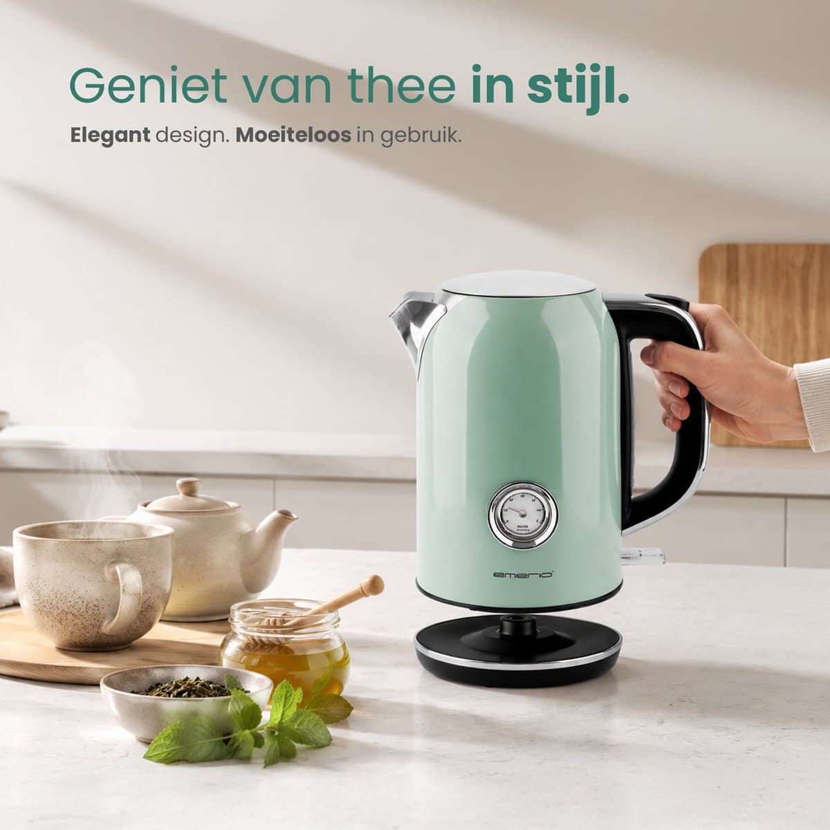 Emerio Retro Waterkoker - 1.7 Liter - 360° draaibaar - Verborgen verwarmingselement - 2200W - WK-133282 Groen thumbnail 4
