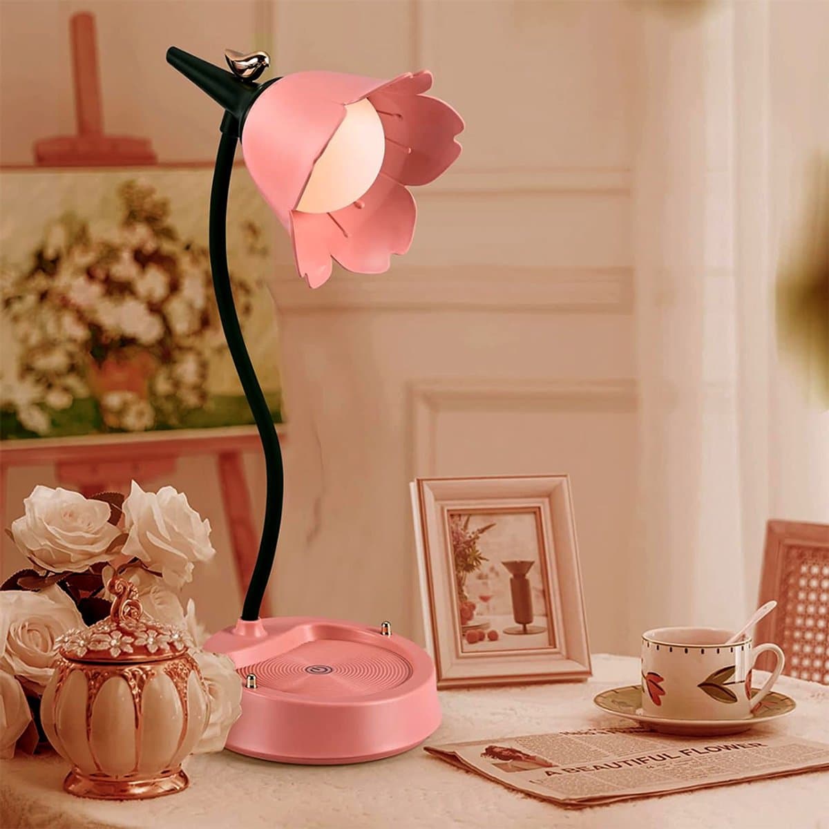 Roze bureaulamp voor meisjes - Dimbaar LED-bureaulampje - Oogvriendelijk om te studeren - Aanraaksensor - USB-oplaadbaar - Geschikt om naast het bed te lezen en te studeren - Perfect als decoratie voor de studentenkamer en als nachtlampje - Roze thumbnail 2