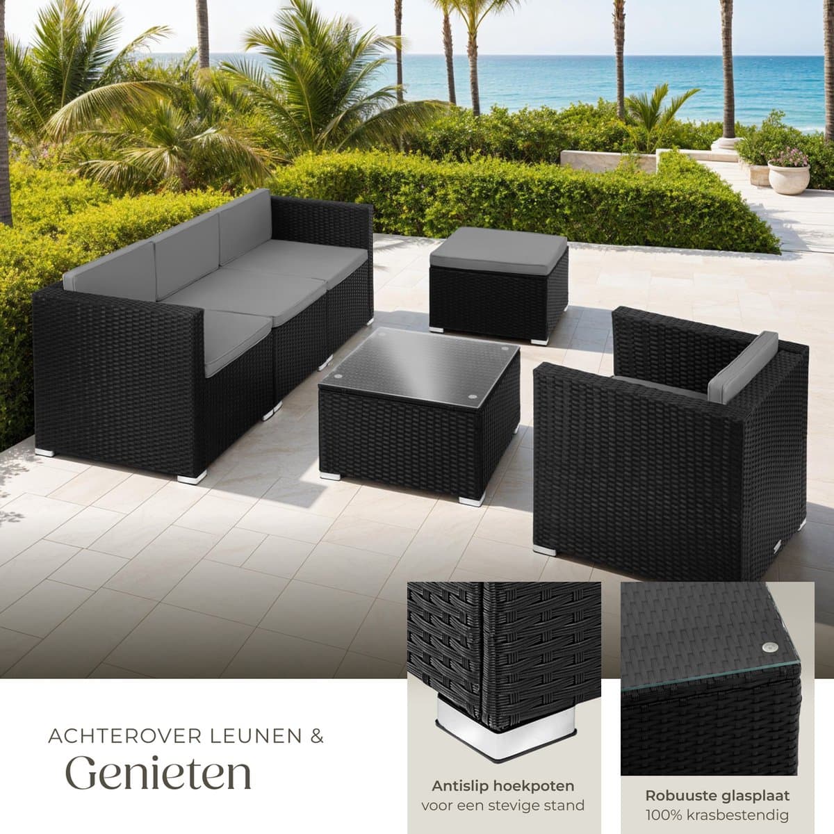 tectake® Wicker lounge - Tuinmeubelset voor buiten met bank, fauteuil, kruk en tafel - Variabel combineerbaar - Weerbestendig meubilair - Voor 4-5 personen - Balkonmeubilair - Tuinlounge - Terrasmeubilair - Zwart thumbnail 5