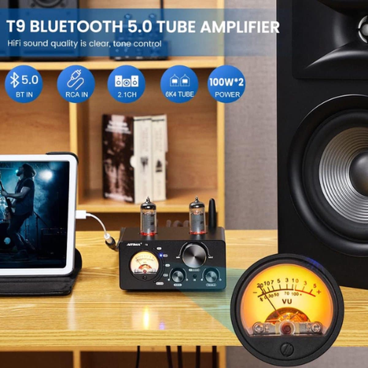 Digitale versterkers - Bluetooth 5.0 – Vacuümbuisversterker – Stereo ontvanger Amp - Coax/Opt HIFI Home Audio – USB/RCA - met VU-meter - Zwart thumbnail 3