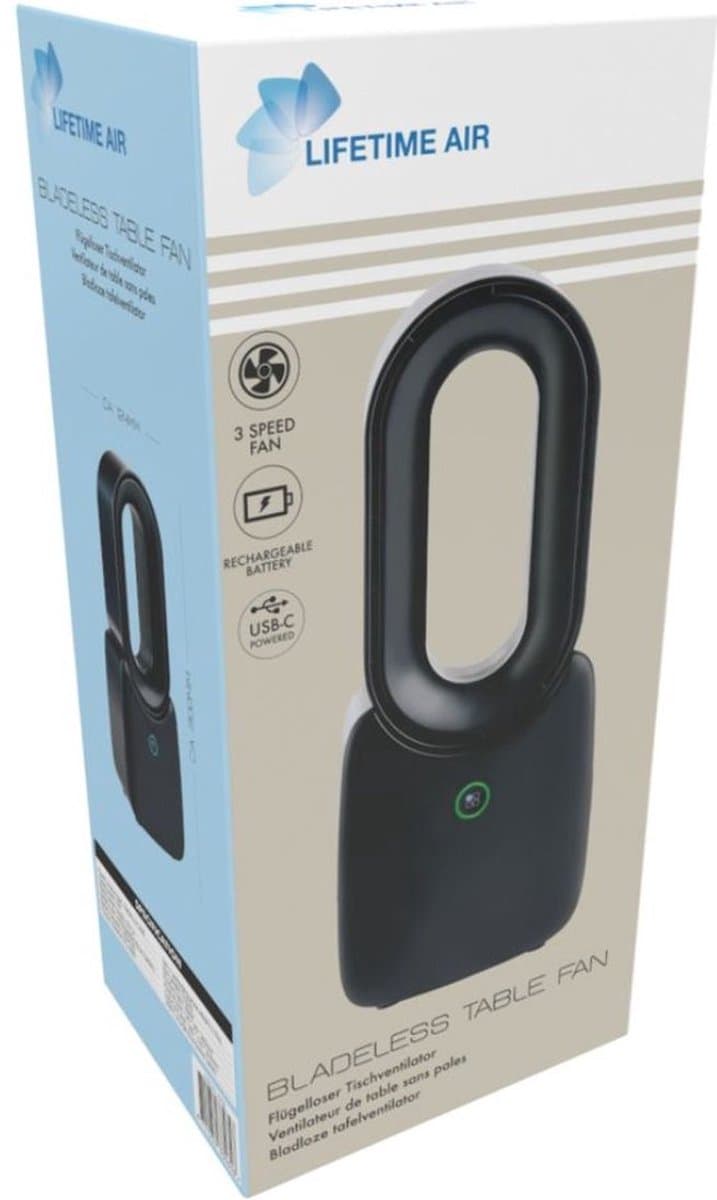 Lifetime Air Bladeloze Ventilator - Stille Ventilator Met Drie Snelheden - Draadloze Bureau Ventilator - Tafel Ventilator met LED Mood Light - USB-C Oplaadbaar - Compact Design - 5W - Zwart thumbnail 6