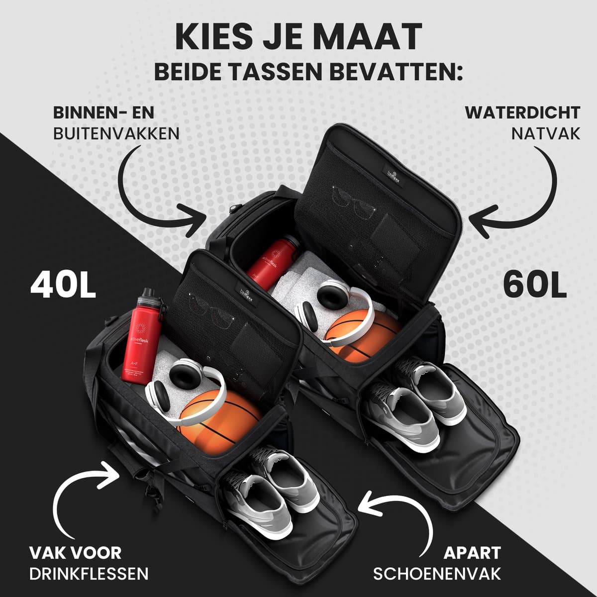 bemaxx Sporttas Gymbag Reistas 40L / 60L | Trainingstas met Rugzak-Functie Schoenencompartiment Vak voor natte Kleding | Sportrugzak Fitness Tas Weekender Zwemtas Duffelbag Sportzak Fitnesszak Sportbag Heren - 60L, Zwart thumbnail 6