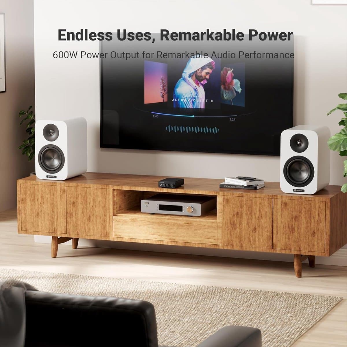 Mini Versterker - Versterker HiFi - Digitale Audio Ontvanger - voor Passieve Home Luidsprekers - met Treble - Bass Controle - 2 Kanaals - 600W - ‎230V - RCA - 20Hz-40kHz - 90 dB - 10.5 x 14.2 x 4 cm - Zwart thumbnail 4