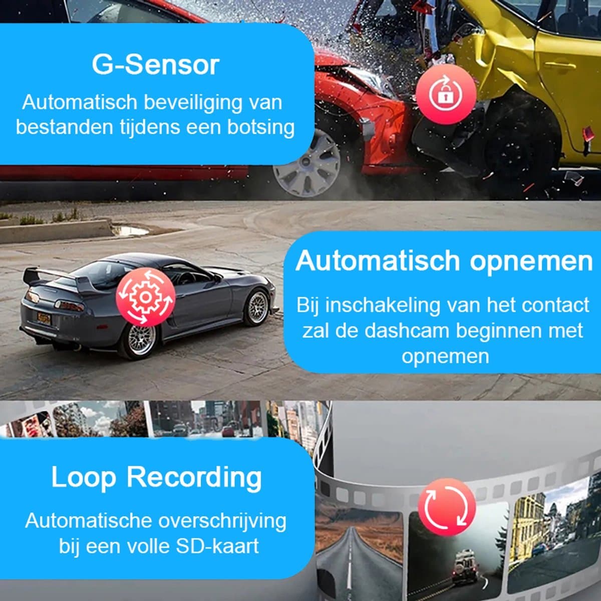 Tech Essentials® Dual Dashcam S1-Wifi Voor Auto - Met Achteruitrijcamera Universeel - Full HD - Met 64GB Micro SD-Kaart - Met Nachtzicht - APP | Voor En Achter thumbnail 6