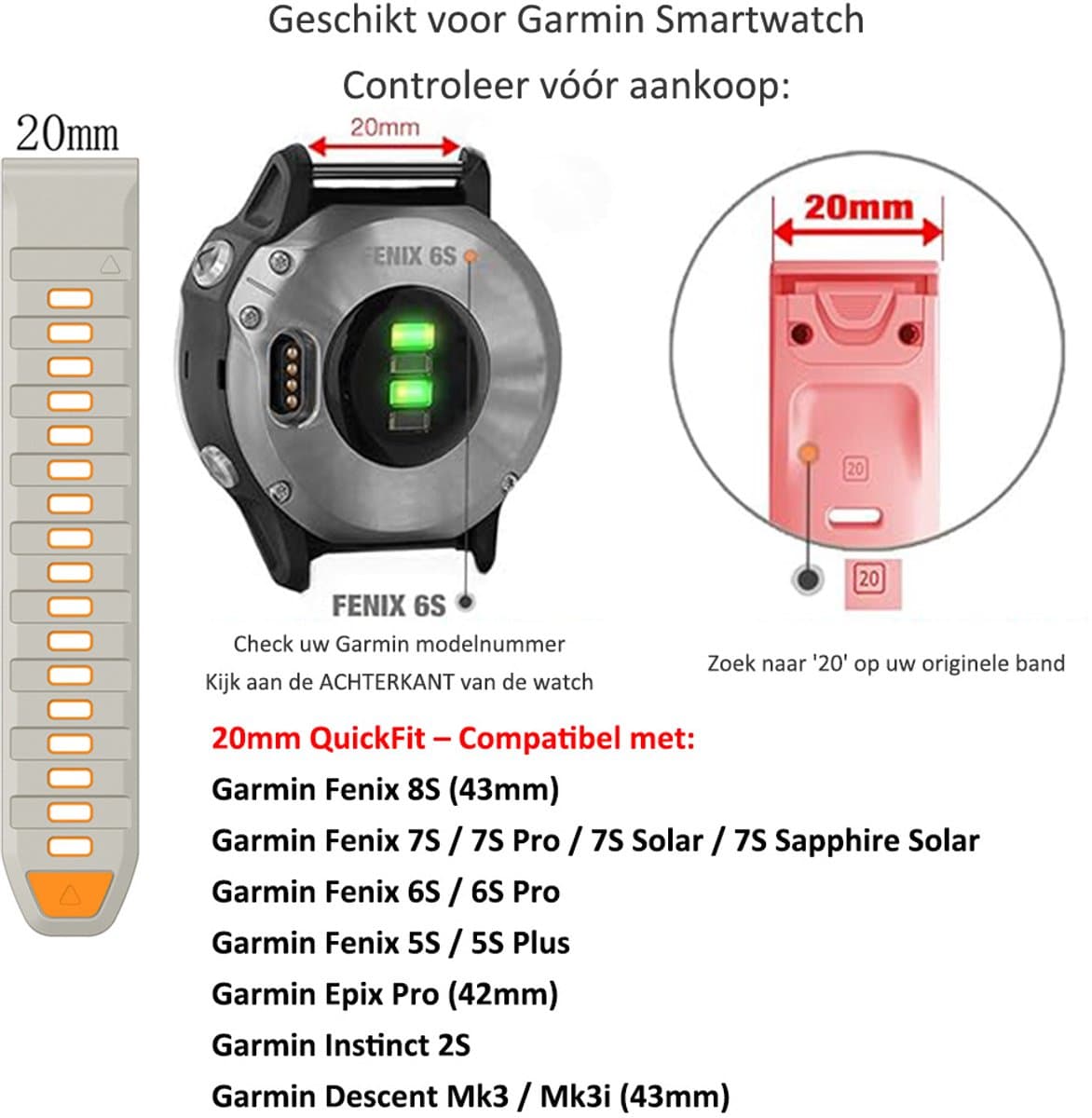 Stravo Dubbelkleurige Siliconen bandje in Fenix 8 Stijl voor Garmin Fenix 5s - Plus & Sapphire - Fenix 6s - Pro & Sapphire - Garmin Fenix 7s / Fenix 8 - 43mm - Quickfit 20 / 20mm band voor Garmin smartwatches - Horlogebandje - Zwart/Oranje thumbnail 4
