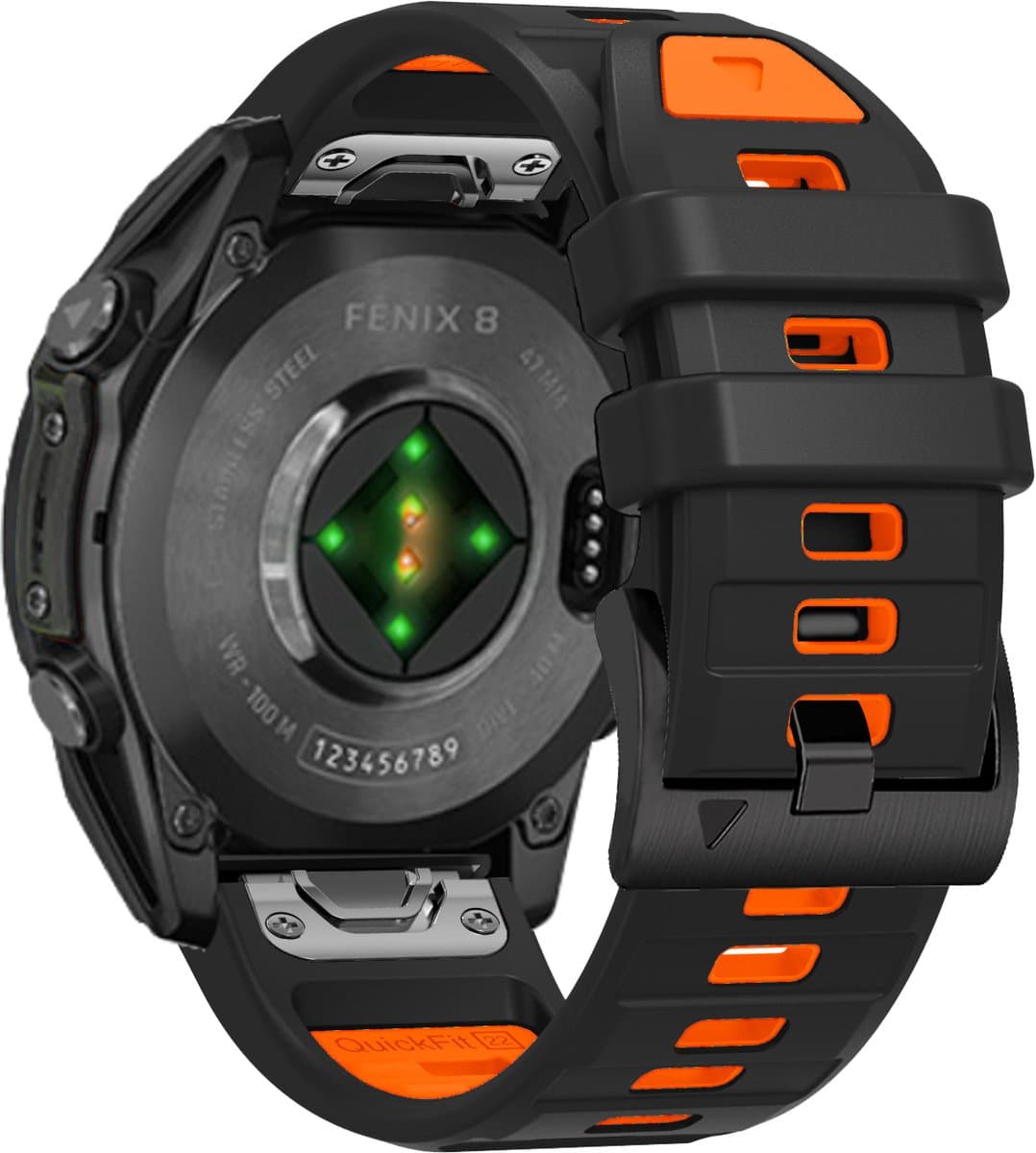 Stravo Dubbelkleurige Siliconen bandje in Fenix 8 Stijl voor Garmin Fenix 5s - Plus & Sapphire - Fenix 6s - Pro & Sapphire - Garmin Fenix 7s / Fenix 8 - 43mm - Quickfit 20 / 20mm band voor Garmin smartwatches - Horlogebandje - Zwart/Oranje thumbnail 2