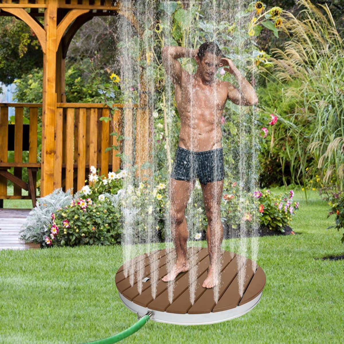 Tuindouche Vloerdouche Buitendouche Campingdouche Aluminium/WPC Saunadouche Rond Ø 70 cm Fonteinhoogte tot 4 m Antislipvoet Weerbestendig Houtlook voor Tuin Zwembad Douche Bruin thumbnail 5
