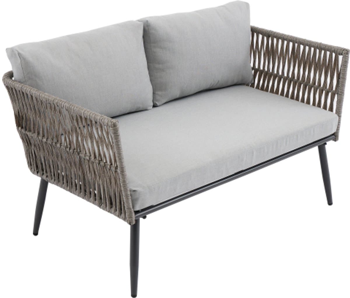 Tuin loungeset, tuinmeubelset met comfortabele kussens, 2-zitsbank, 2 fauteuils en salontafel, gevlochten PE-touw van imitatie watergras, zwart glazen tafelblad, gegalvaniseerd staal, grijs thumbnail 8