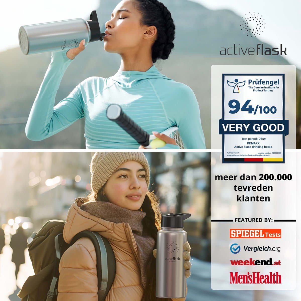 bemaxx Drinkfles met Rietje RVS Thermosfles ACTIVE FLASK (3 Drinkdoppen met Infuser), Volwassenen Kinderen, BPA-Vrij + Lekvrij | 1 Liter/500 ml Isoleerfles, Vacuüm Waterfles Sport Fitness Fietsen Water Fles Waterbidon Sportbidon thumbnail 7