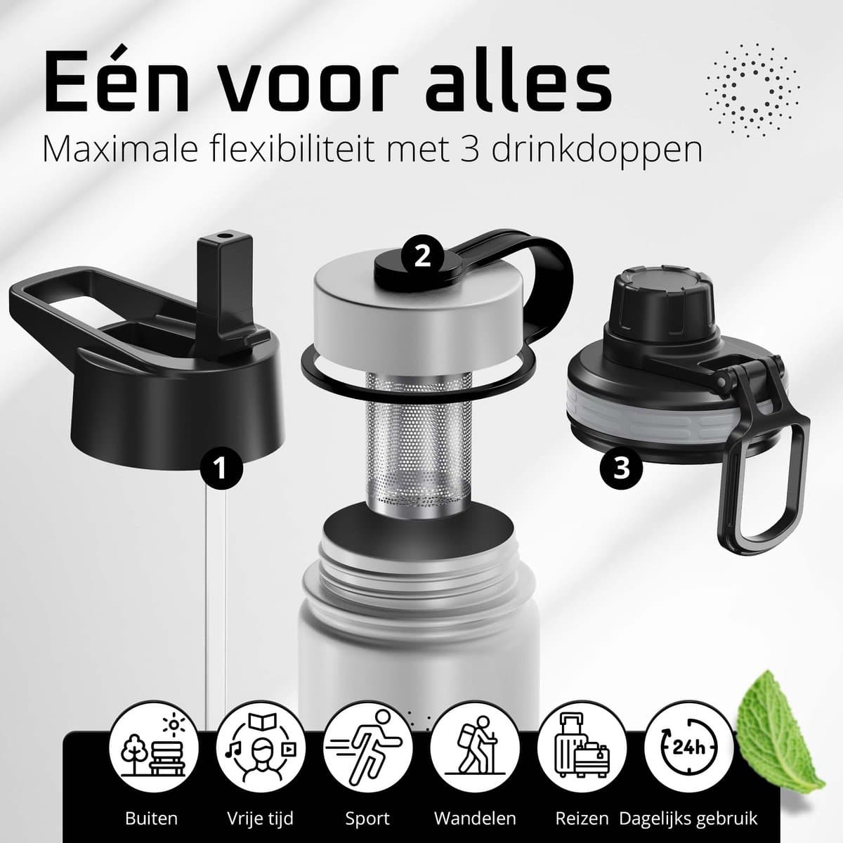 bemaxx Drinkfles met Rietje RVS Thermosfles ACTIVE FLASK (3 Drinkdoppen met Infuser), Volwassenen Kinderen, BPA-Vrij + Lekvrij | 1 Liter/500 ml Isoleerfles, Vacuüm Waterfles Sport Fitness Fietsen Water Fles Waterbidon Sportbidon thumbnail 4