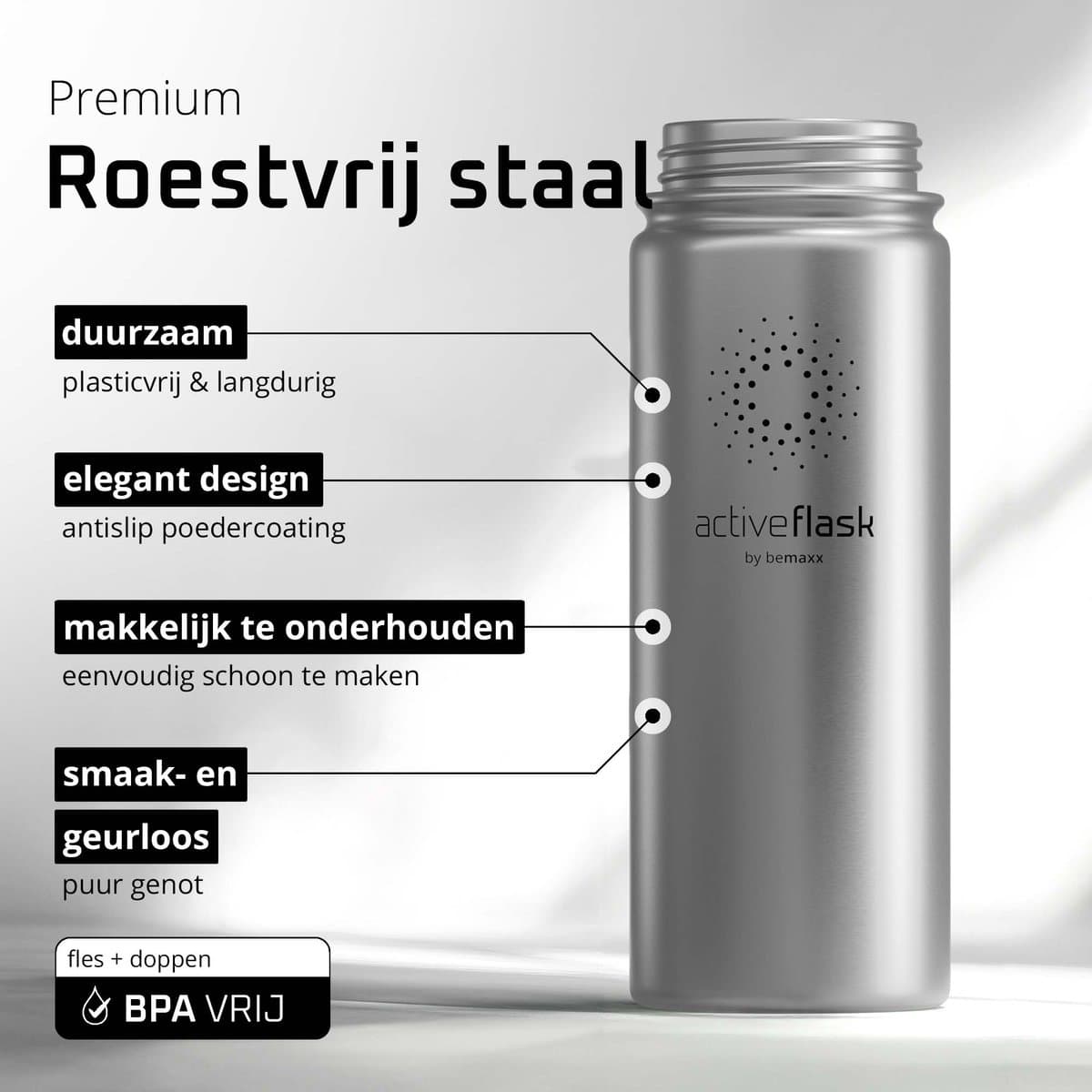bemaxx Drinkfles met Rietje RVS Thermosfles ACTIVE FLASK (3 Drinkdoppen met Infuser), Volwassenen Kinderen, BPA-Vrij + Lekvrij | 1 Liter/500 ml Isoleerfles, Vacuüm Waterfles Sport Fitness Fietsen Water Fles Waterbidon Sportbidon thumbnail 6