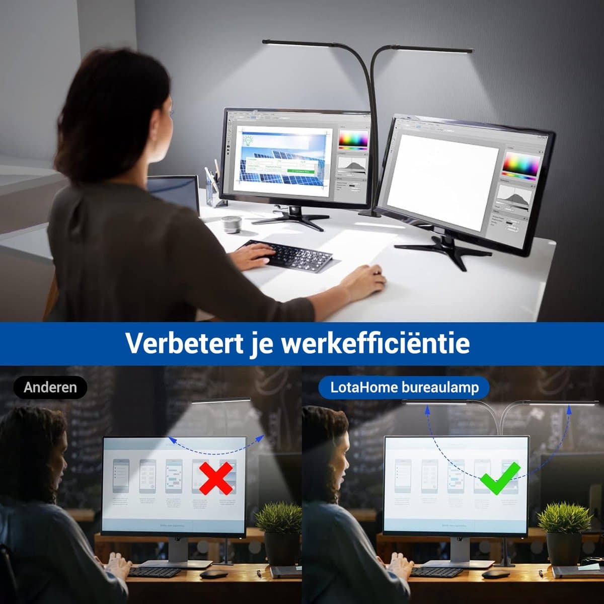 LotaHome - Bureaulamp LED Dimbaar - Dubbele Flexibele Bureauverlichting - Bureaulamp met Klem - Desklamp - Laptoplamp - Tafellamp - Werkverlichting - Inklapbaar - Bureauaccessoires - 5 Lichtstanden en 3 Dimfuncties - Touchscreen - Afstandsbediening thumbnail 3