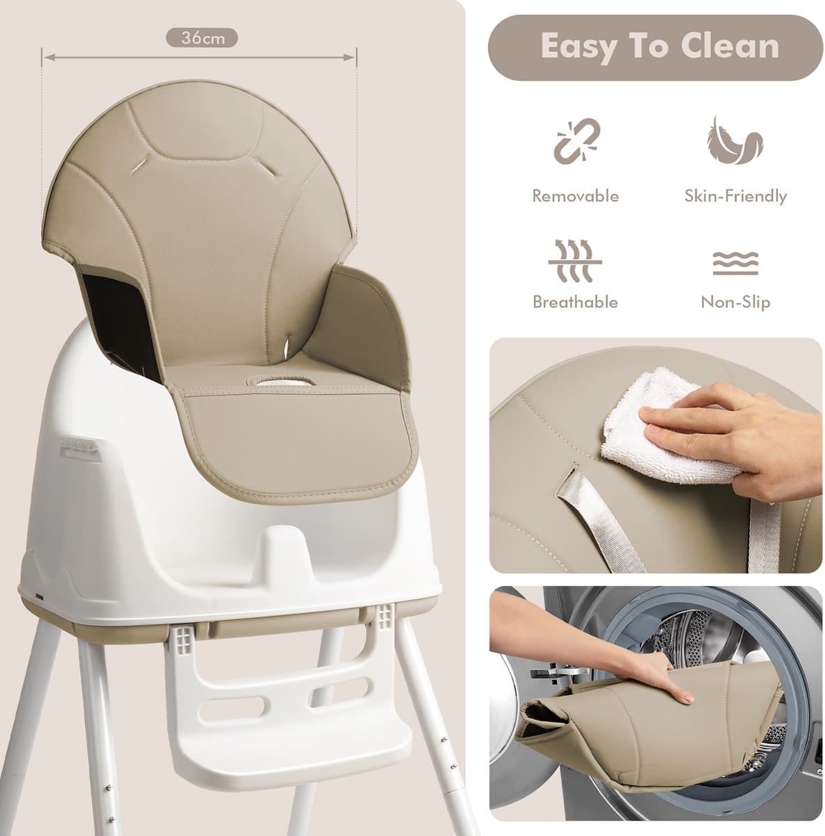 NAIZY Kinderstoel Babystoel 3-in-1 Multifunctionele Eetkamerstoel met 5-punts veiligheidsgordel, Dubbel Blad en Afneembaar Kussen, Beige thumbnail 4