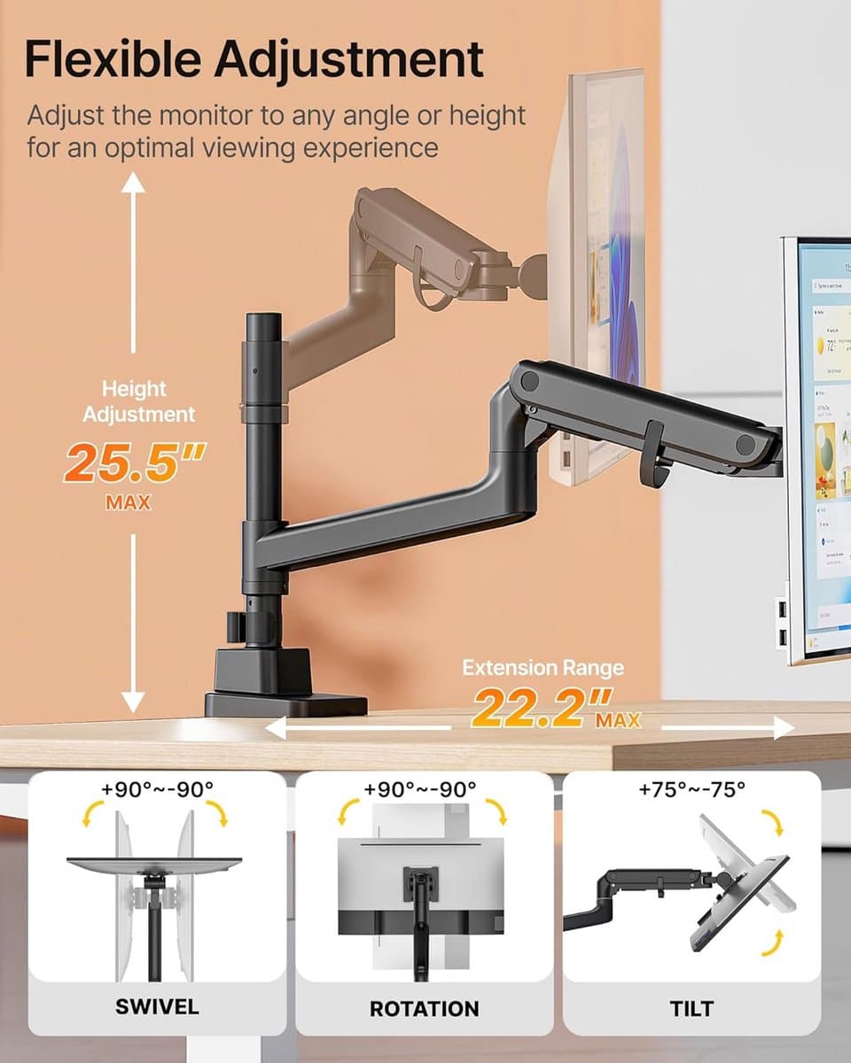 Zware Enkele Monitorarm voor Grote Schermen tot 57 inch en 27 KG, Gasveer Verstelbare Monitorstandaard thumbnail 6
