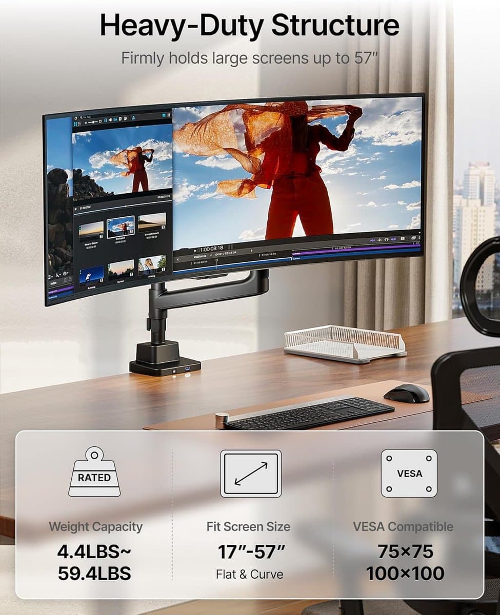 Zware Enkele Monitorarm voor Grote Schermen tot 57 inch en 27 KG, Gasveer Verstelbare Monitorstandaard thumbnail 3