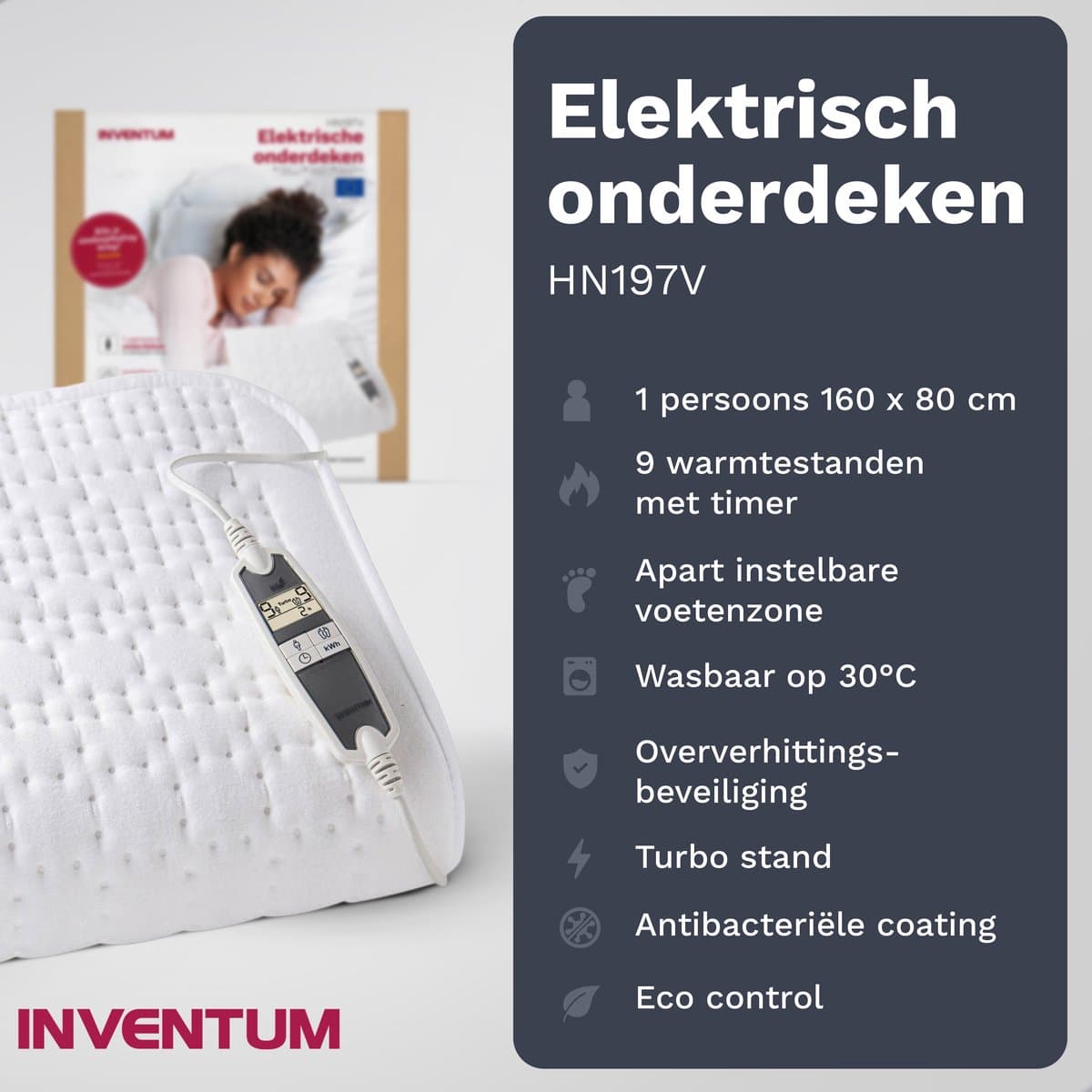 Inventum HN197V elektrische onderdeken 160x80 cm - Eenpersoons - 9 warmtestanden - Aparte voetzone - Anti allergie - Antibacterieel - Warmtedeken - Extra snel warm - Uitwasbaar - Automatische uitschakeling - Oververhittingsbeveiliging - Fleece - Wit thumbnail 5