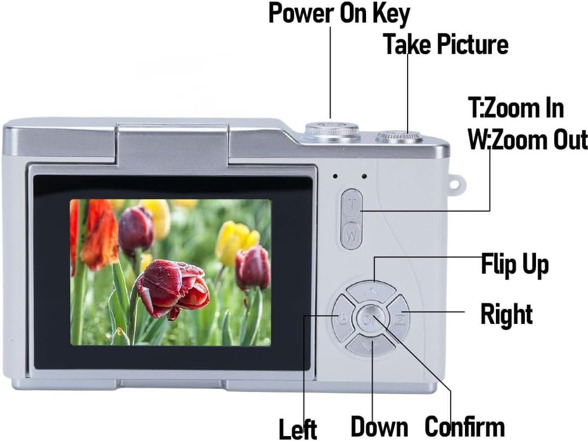 Digitale camera - 4K Digitale Camera 48MP met Flip Screen – Selfiecamera met 8x Zoom + 32GB Geheugenkaart - met 2,4 inch HD-kantelscherm, ingebouwd LED-invullicht - Vlogcamera - digitale camera kinderen - voor tieners en studenten (Wit) thumbnail 2