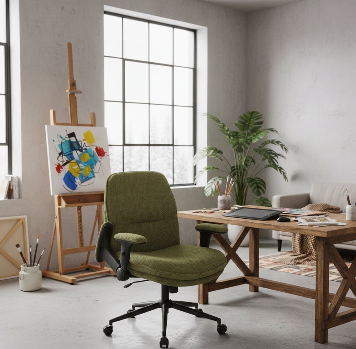 Bureaustoel Ergonomisch – Brede Comfort Stoel met Inklapbare Armleuningen, Dikke 15cm Zitting, Verstelbaar – Ideaal voor Thuiswerken, Gaming & Kantoor – Groen – House&Garden thumbnail 2