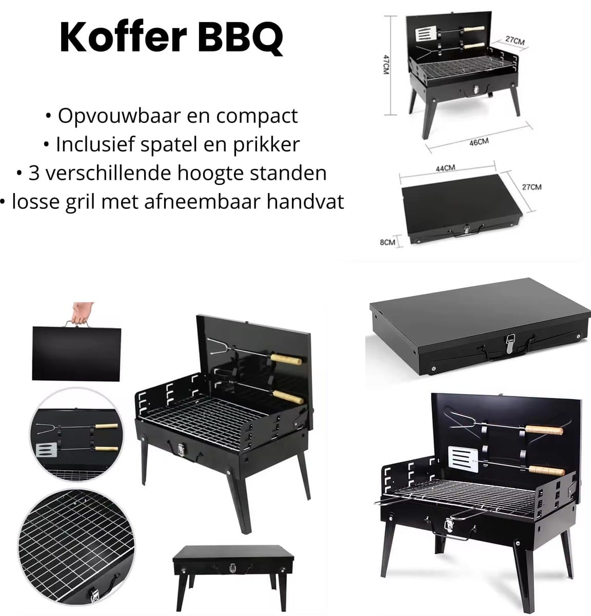 Koffer BBQ | Houtskool Barbecue | Opvouwbare inklapbare meeneem kolen BBQ inclusief gereedschap | Opvouw inklap tafel vakantie camping compact klein onderweg thumbnail 5