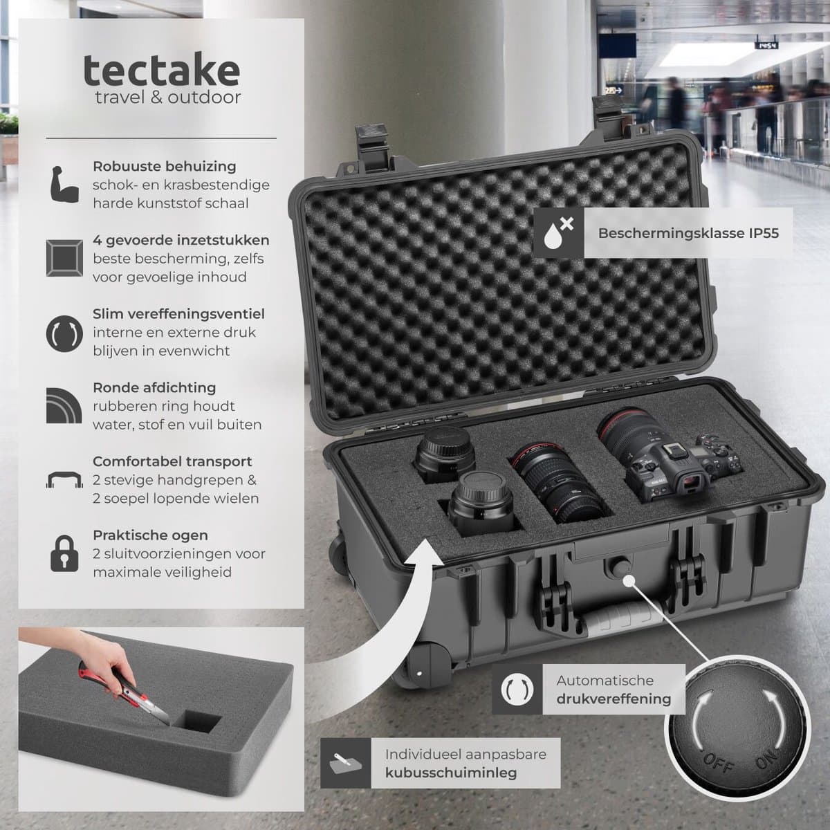 tectake® Camera Koffer - Verrijdbaar met Telescoopgreep - Fotokoffer - Camerakoffer - 2 kliksluitingen - Mogelijkheid voor afsluiten met hangslot - Afmetingen (LxBxH) 34,5 x 23 x 56 cm - Zwart thumbnail 2
