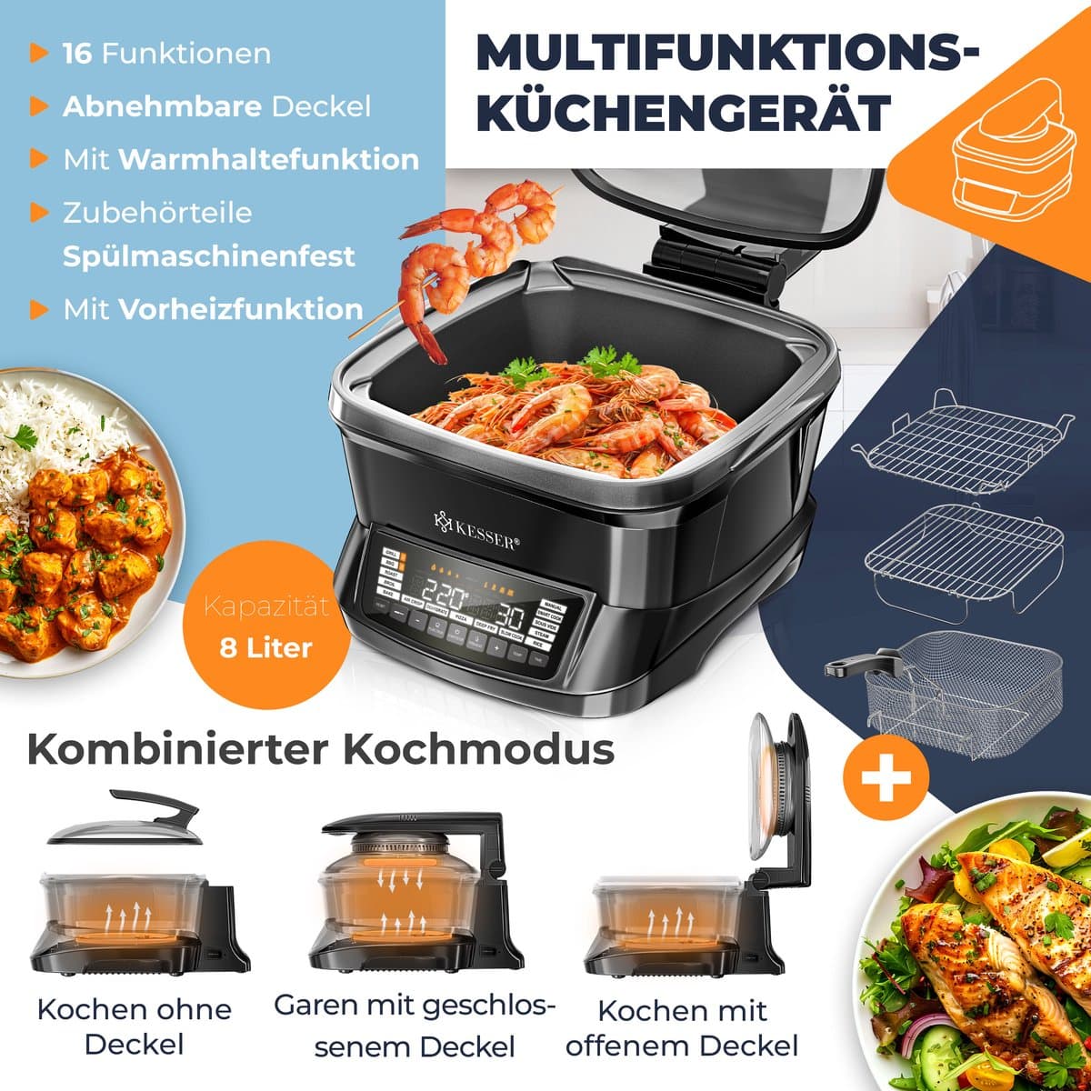KESSER® Multicooker Airfryer 8L met 16 Kookfuncties Inclusief Stoomkoker, Rijstkoker, Grill Apparaat thumbnail 5
